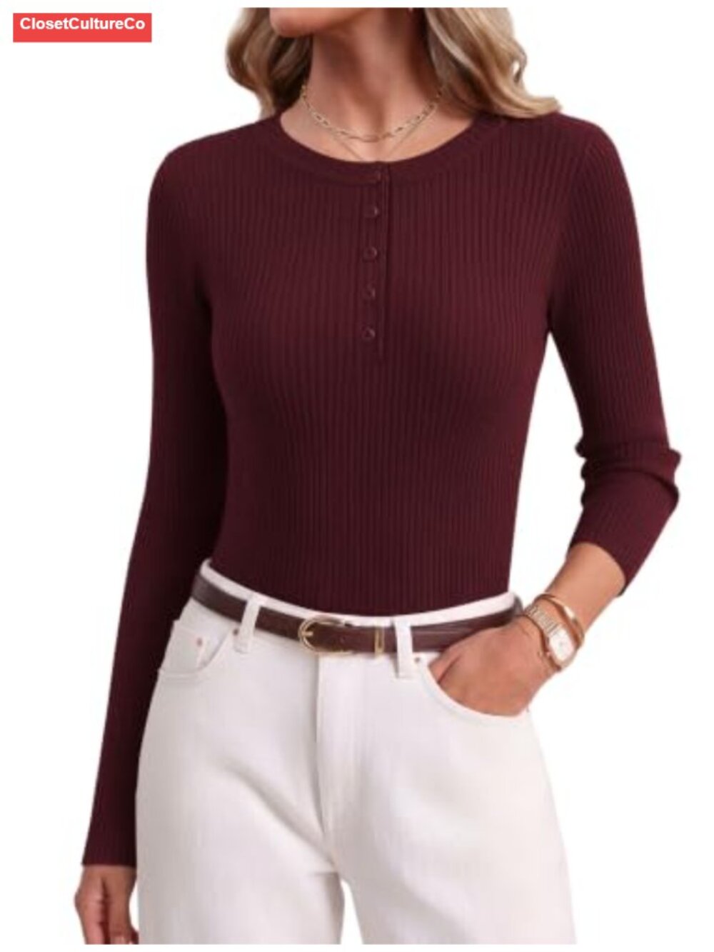 Ekouaer Women Long Sleeve Henley Rib Knit Sweater Pullover Lightweight Slim Fit